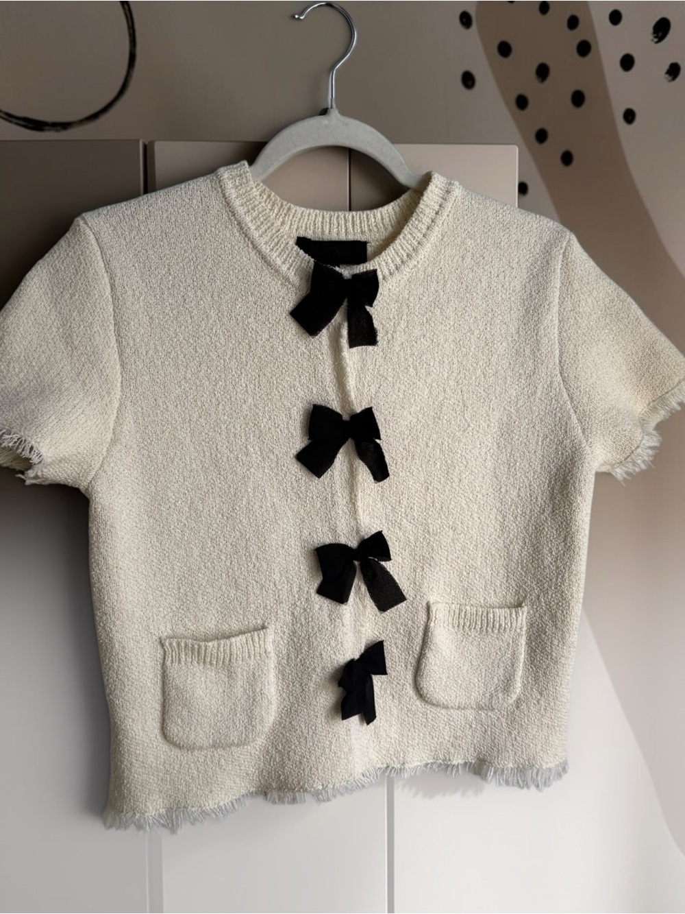 Zara Cream Short-Sleeve Knit Top with Black Bows